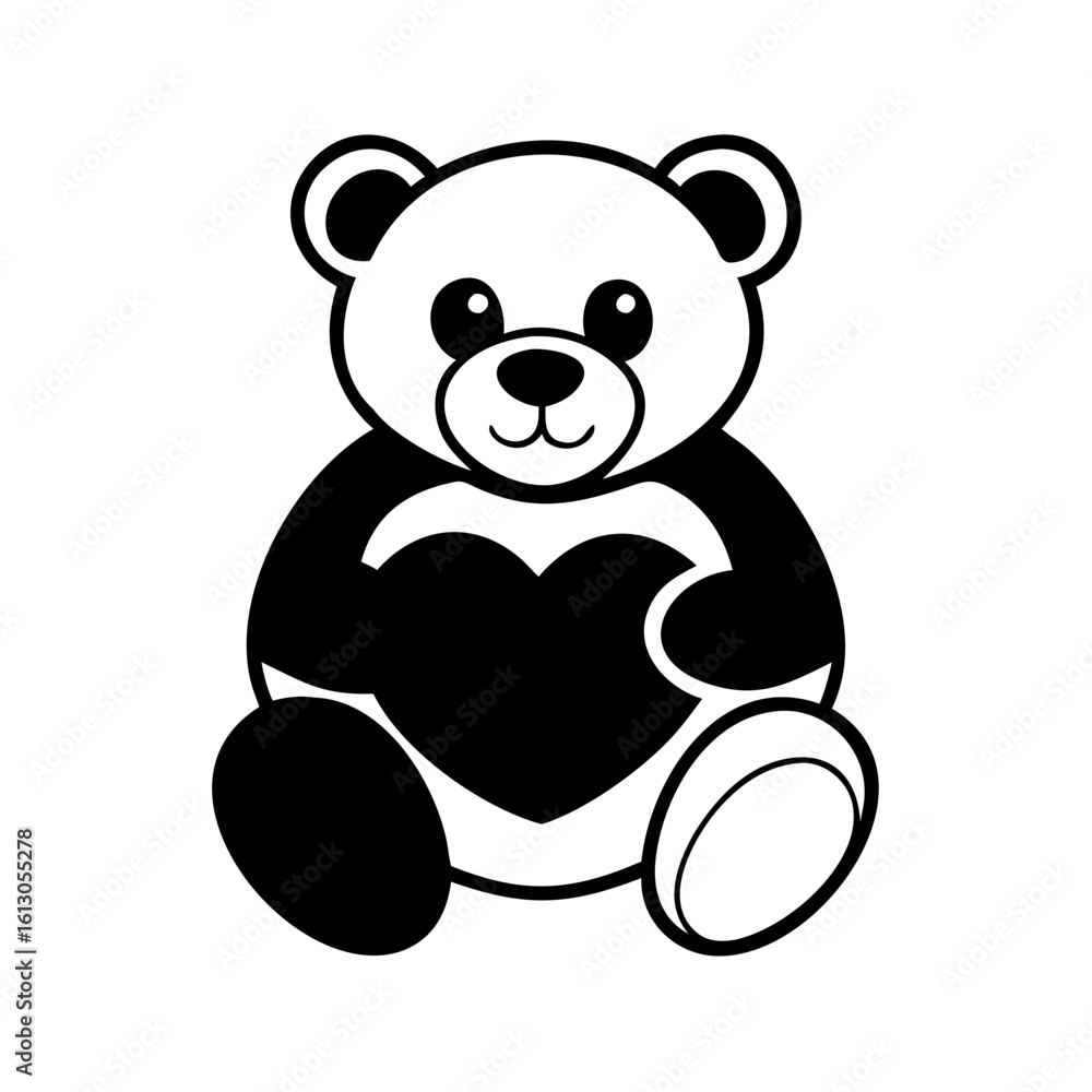 Naklejka premium Cute Bear Silhouette Holding a Heart Shape-Black and white illustration of a smiling teddy bear holding a heart, ideal for love, romance, or children's themes.