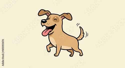 Happy Cartoon Dog Walking with Tongue Out on Cream Background