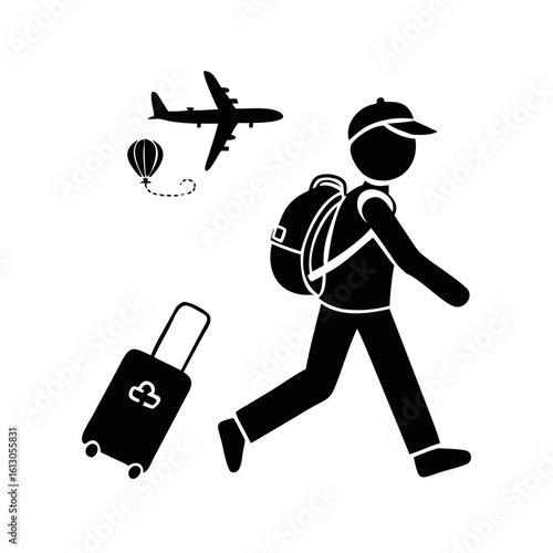 Traveler Icon with Backpack, Luggage, and Airplane-Black and white vector of a walking traveler with backpack and suitcase, accompanied by airplane and hot air balloon, symbolizing adventure.