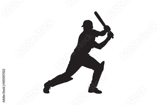 Silhouette of a cricket batsman in action poised to strike the ball with his bat isolated on a white background capturing the essence of the