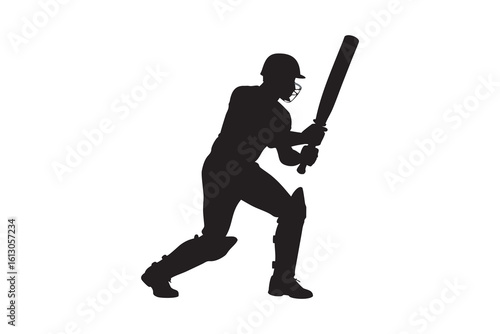 Silhouette of a Cricket Batsman Ready to Strike Wearing Protective Gear and Holding a Bat Isolated on a White Background Depicting Sportsmanship and Athleticism