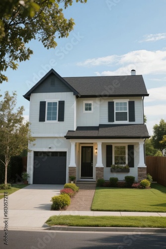 Two-story white house with black shutters and a well-maintained front yard