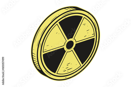 Stylized circular radioactive hazard symbol with yellow and black segments isolated on white background silhouette