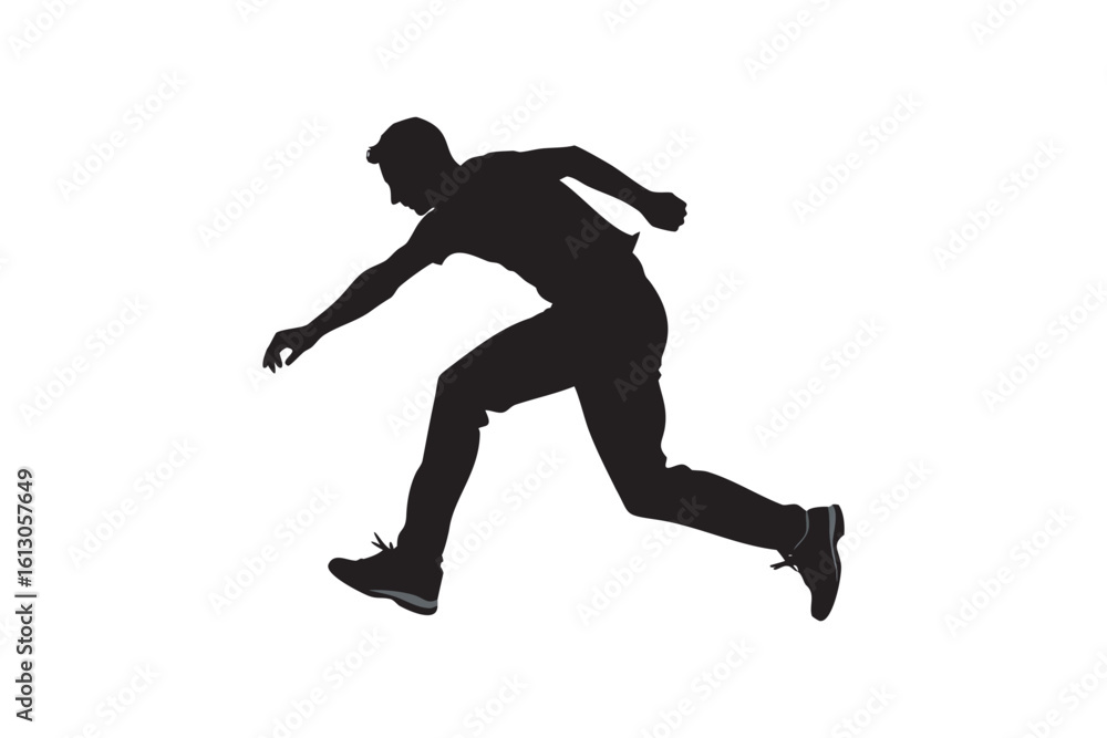 Silhouette of a man leaping or running arms outstretched against a white background suggesting movement action or a dynamic pose for various creative applications Silhouette of a man leaping or running arms outstretched against a white background suggesting movement action or a dynamic pose for various creative applications
