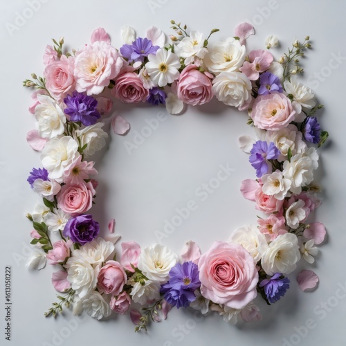 Wallpaper Mural Floral arrangement of white, pink, purple flowers in harmonious composition. Large purple rose with unfurled petals dominates center, surrounded by delicate white, pink roses. Vibrant flowers in Torontodigital.ca