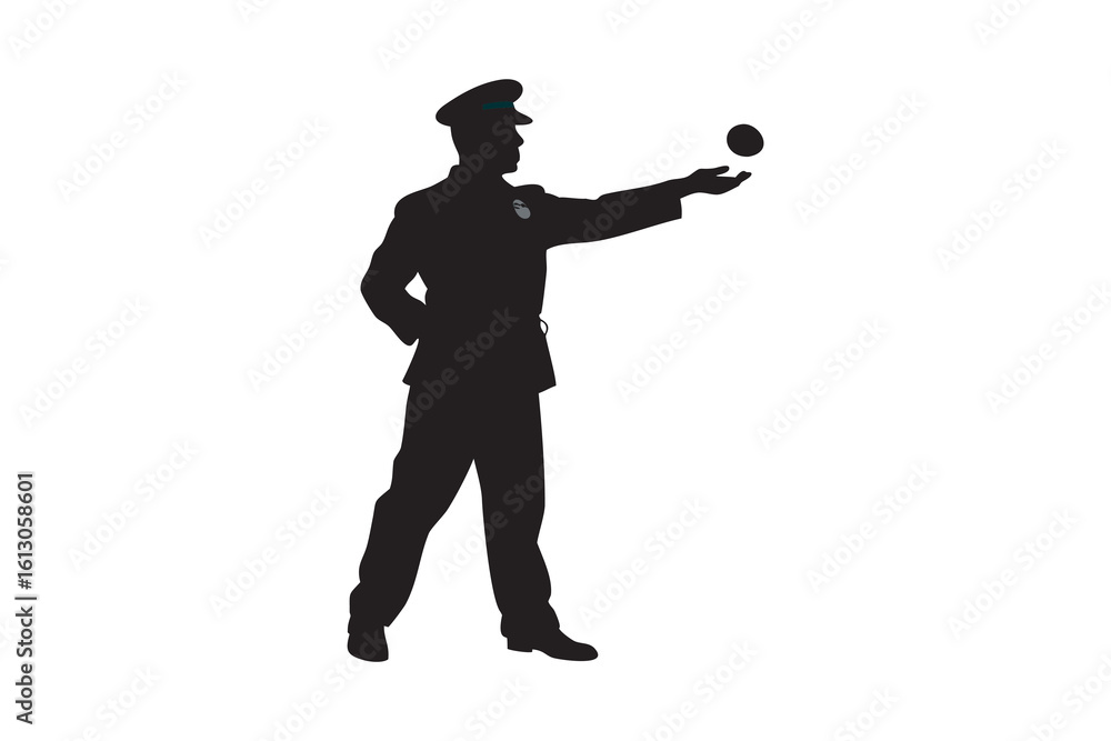Silhouette of a police officer in uniform tossing a ball in the air isolated on white background representing authority law enforcement and recreational activity Silhouette of a police officer in uniform tossing a ball in the air isolated on white background representing authority law enforcement and recreational activity