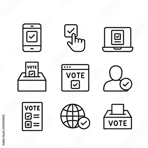 Government elections and civic participation icons. Outline symbols. Line design