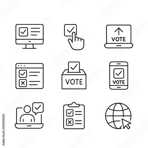 Electronic ballot and democracy symbols pack. Outline symbols. Line design