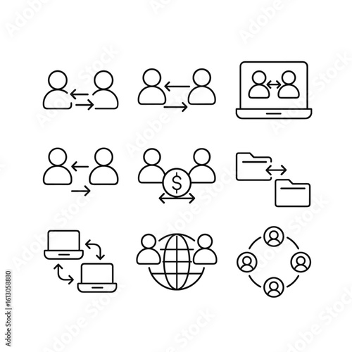 Peer to peer communication vector icon collection. Outline symbols. Line design