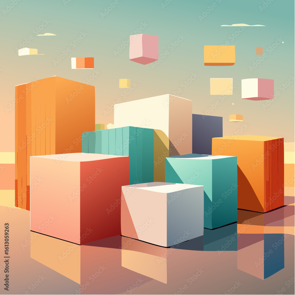 Fototapeta premium layered cubes and shadows, deep perspective, soft glow