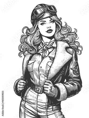 stylish female pilot wearing flight goggles, bomber jacket, and scarf with bold expression sketch engraving generative ai fictional character vector illustration. Scratch board. Black and white image.