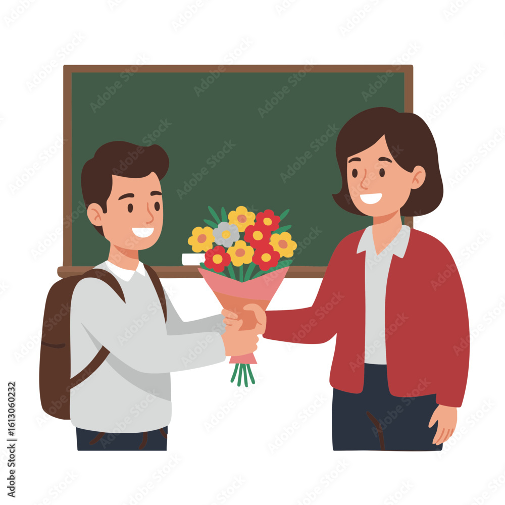 Student giving bouquet to smiling teacher in classroom Student giving bouquet to smiling teacher in classroom