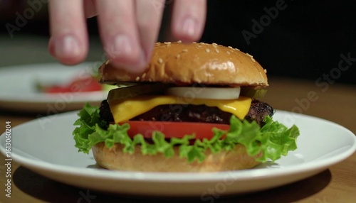 Photo of a juicy hamburger served on a clean white ceramic plate