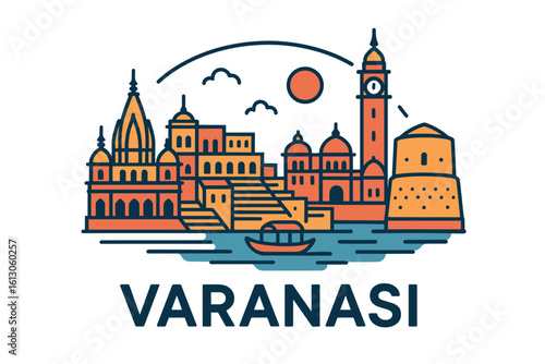 Varanasi city skyline with iconic buildings and landmarks