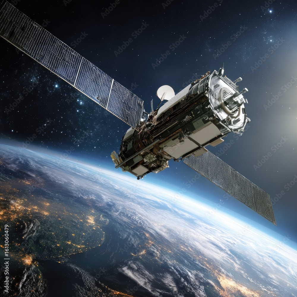 Obraz premium A satellite orbits Earth, solar panel extending, against starry backdrop