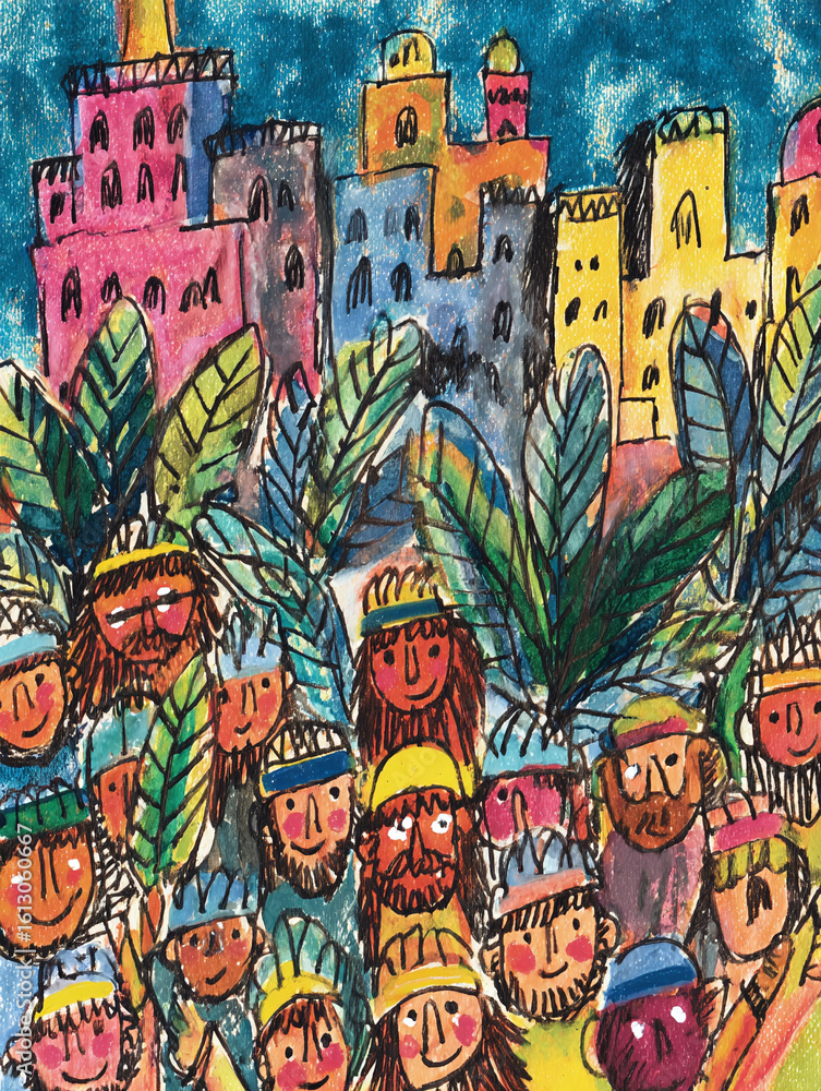 Obraz premium Vibrant, childlike illustration of a crowd gazing at a colorful city skyline. Playful, whimsical, and full of joy. Perfect for themes of community, dreams, travel.
