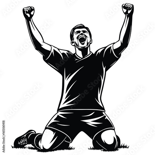 Silhouette of a Victorious Athlete in a Dynamic Pose Celebrating Success with Arms Raised on Knees Expressing Triumph