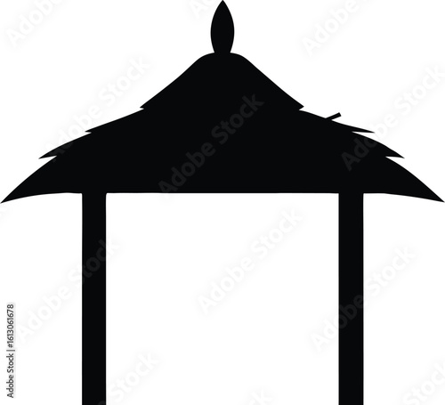 Silhouette of a thatched roof gazebo or pavilion structure isolated on white background