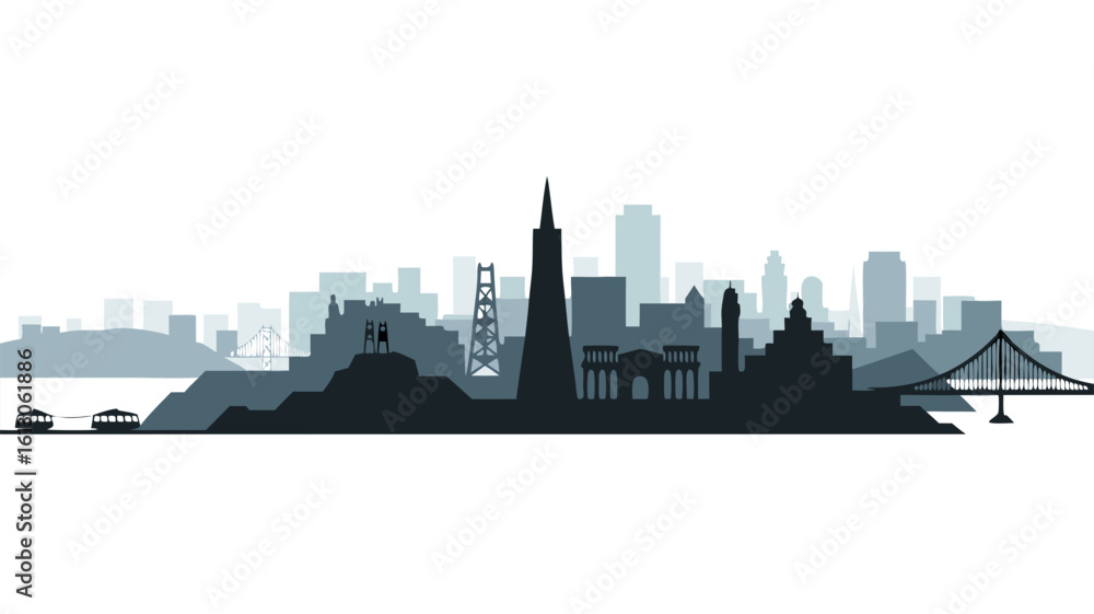 Naklejka premium Golden Gate Bridge silhouettes against San Franciscos California skyline a breathtaking and iconic view suitable for travel brochures and city themed designs.