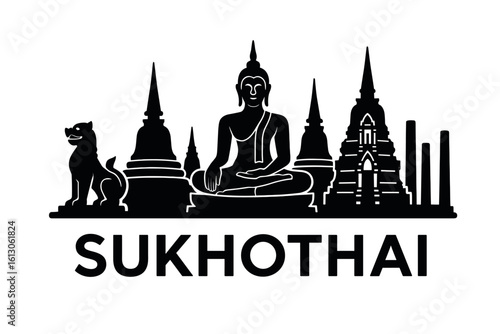 Sukhothai city skyline with iconic buildings and landmarks