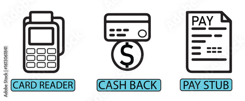 Illustration of a card reader cash back and a pay stub in black and white outline style icons set up