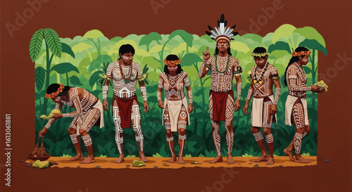 Indigenous Amazonian People with Body Paint and Headdresses in Jungle Setting