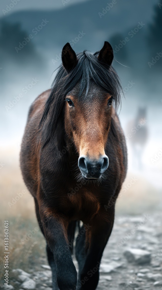 Wild horse walks along a misty path in the mountains during early morning light Wild horse walks along a misty path in the mountains during early morning light