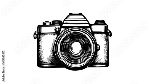 Vintage camera illustration in black and white sketch style  