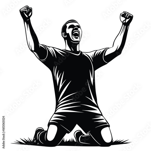 Silhouette of a Victorious Athlete in a Dynamic Pose Celebrating Success with Arms Raised on Knees Expressing Triumph