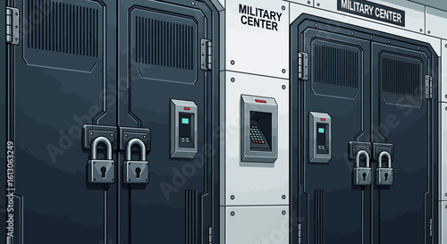 Locked Military Center Doors with Digital Keypads and Padlocks Illustration