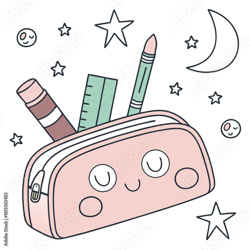 Cute cartoon pencil case with ruler and pen, surrounded by stars and moon