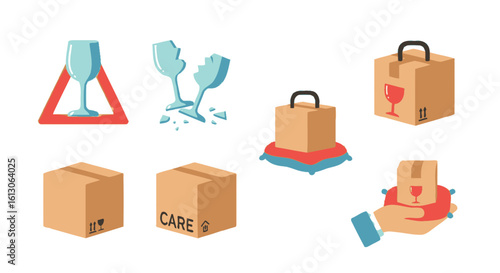 Illustration depicting fragile items and careful handling: broken glass, warning signs, and cardboard boxes.