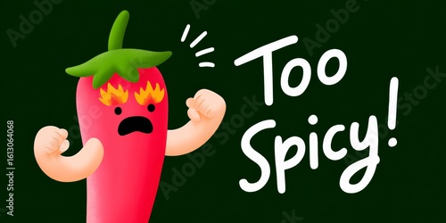 Angry cartoon chili pepper with flames on face and text 'too spicy' on dark green background