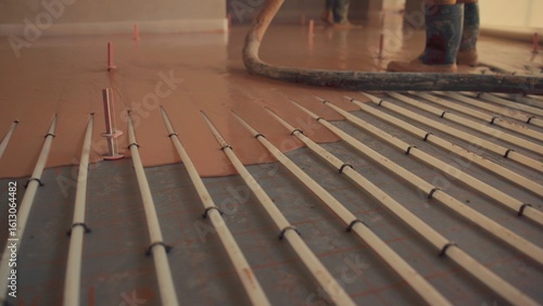 Valokuva Installing self-leveling anhydrite gypsum screed with precision
