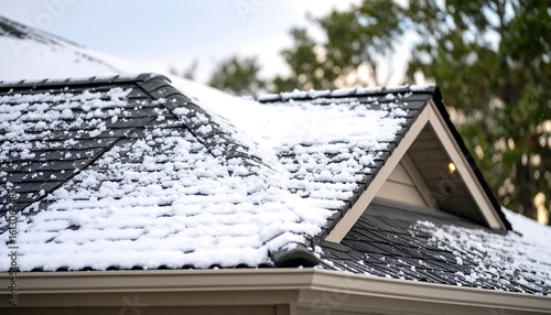 Snow lightly covers a dark grey asphalt shingle roof, with a triangular dormer visible