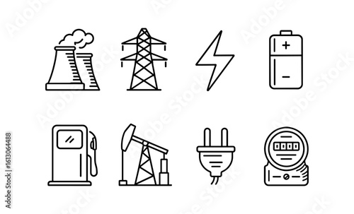 Energy icon set featuring linear power station, oil rig, and electric plug icons