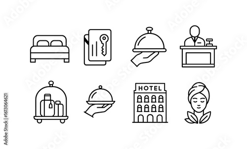 Minimal hotel icons set: bell, bed, reception, and spa elements in linear style