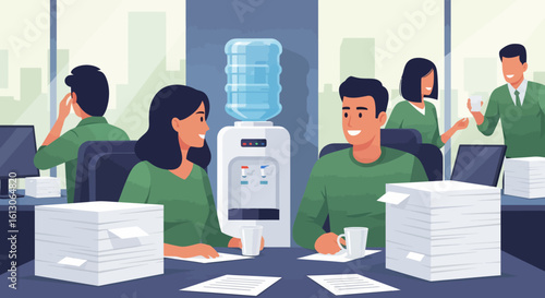 Office Colleagues Conversing Near Water Cooler, Surrounded by Paperwork and Windows.