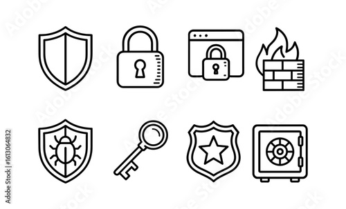 Minimalist cybersecurity icons featuring shields, locks, and firewalls