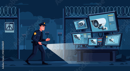 Nighttime Security Guard Inspecting Surveillance Monitors with Flashlight.