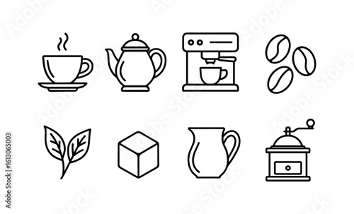 Minimalist coffee and tea icon set with coffee beans, teapot, and cups