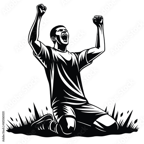 Silhouette of a Victorious Athlete in a Dynamic Pose Celebrating Success with Arms Raised on Knees Expressing Triumph