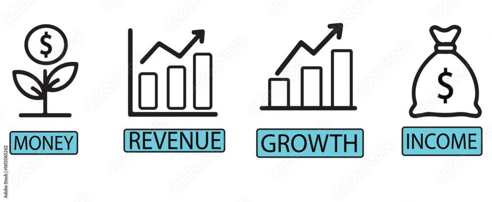 Icons depicting financial growth with money plant, revenue chart, growth chart, and income bag symbols Icons depicting financial growth with money plant, revenue chart, growth chart, and income bag symbols