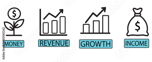 Icons depicting financial growth with money plant, revenue chart, growth chart, and income bag symbols