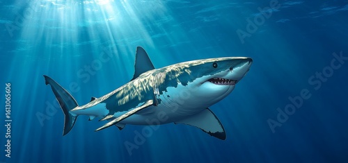 Wallpaper Mural Great white swims deep blue ocean. Predator animal in action. Underwater sea wildlife. Stunning marine life, Torontodigital.ca