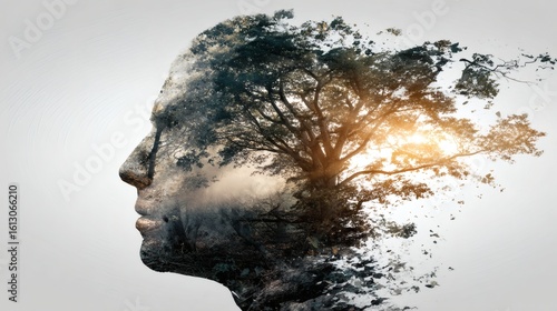 Double Exposure Woman Face and Tree Scene with Sunlight in Natural Landscape