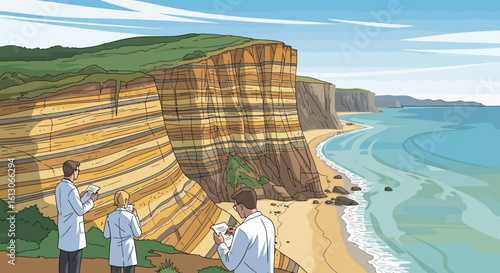 Scientists Examining Stratified Cliffs and Coastal Landscape for Geological Research.