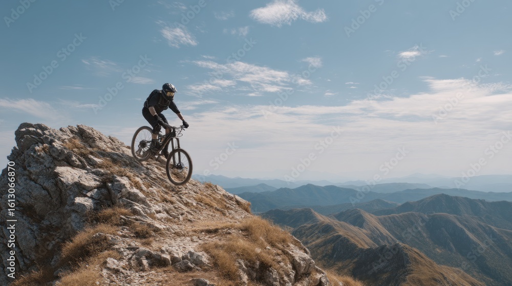 Fototapeta premium Extreme mountain biking adventure on a rocky peak with scenic mountain views