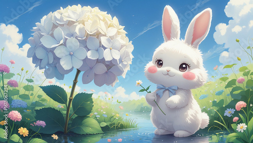 Cute anime white bunny with hydrangea and meadow flowers in pastel style, ideal for children’s books, kawaii prints, and adorable illustration projects.