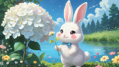 Fluffy white bunny with pink cheeks holding flower stem by pond, perfect for storybook art, kawaii decor, and pastel-themed character design.